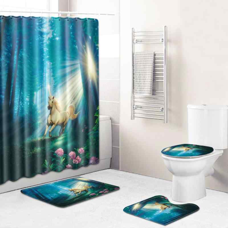 バスルーム4点セット ユニコーン柄 シャワーカーテン トイレマット U型マット バスマット 滑り止め ウォッシャブル 欧米風 ポリエステル