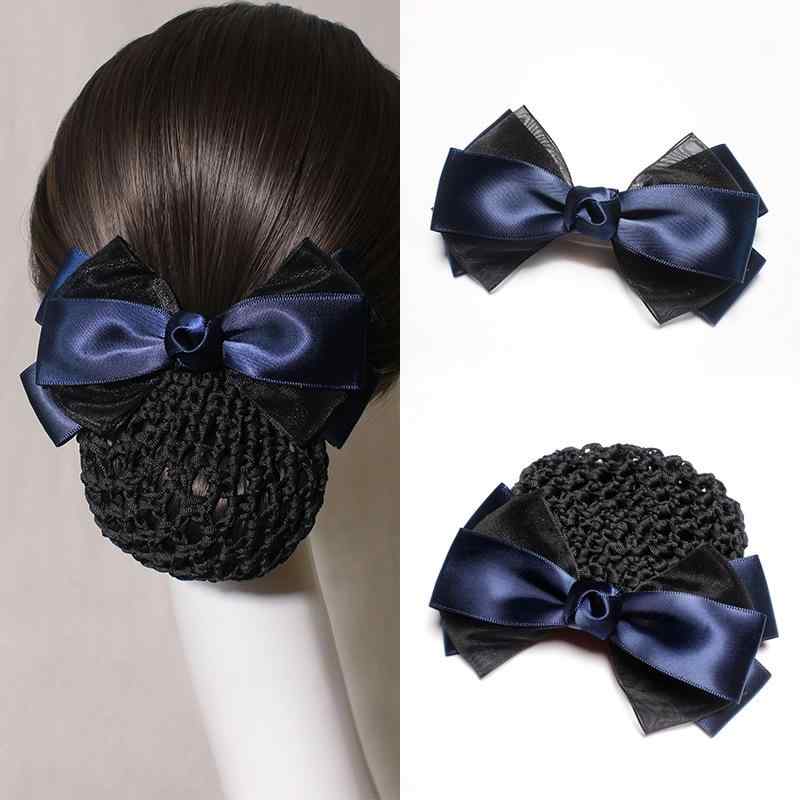ヘアネット レディース リボン バレッタ まとめ髪 お団子 シニヨン 仕事用 オフィス 看護師 髪留め 合金製 電気メッキ加工 多色展開 選べるメッシュ(x2)