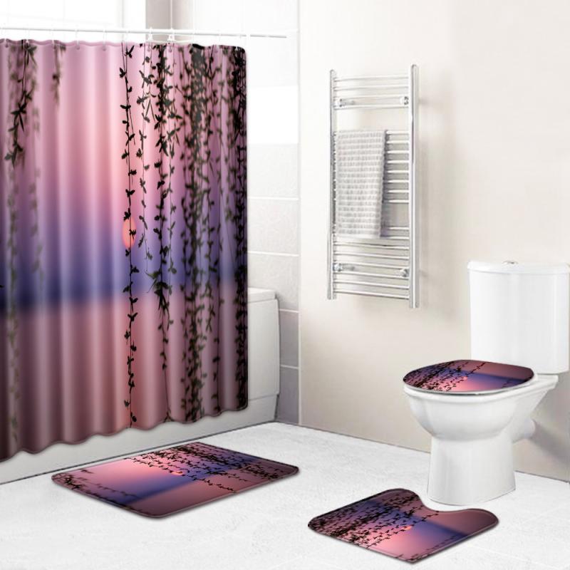 バスルーム用 風景柄 カントリー調 洗濯機で丸洗い可能 清潔 シャワーカーテン バスマット トイレマット 4点セット ポリエステル 足元マット フロアマット