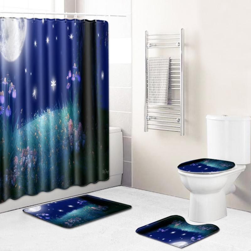 シャワーカーテン 防水 丸洗い 星空柄 浴室用マット3枚組付き 4点セット ポリエステル製 モダン シンプル 機械織り