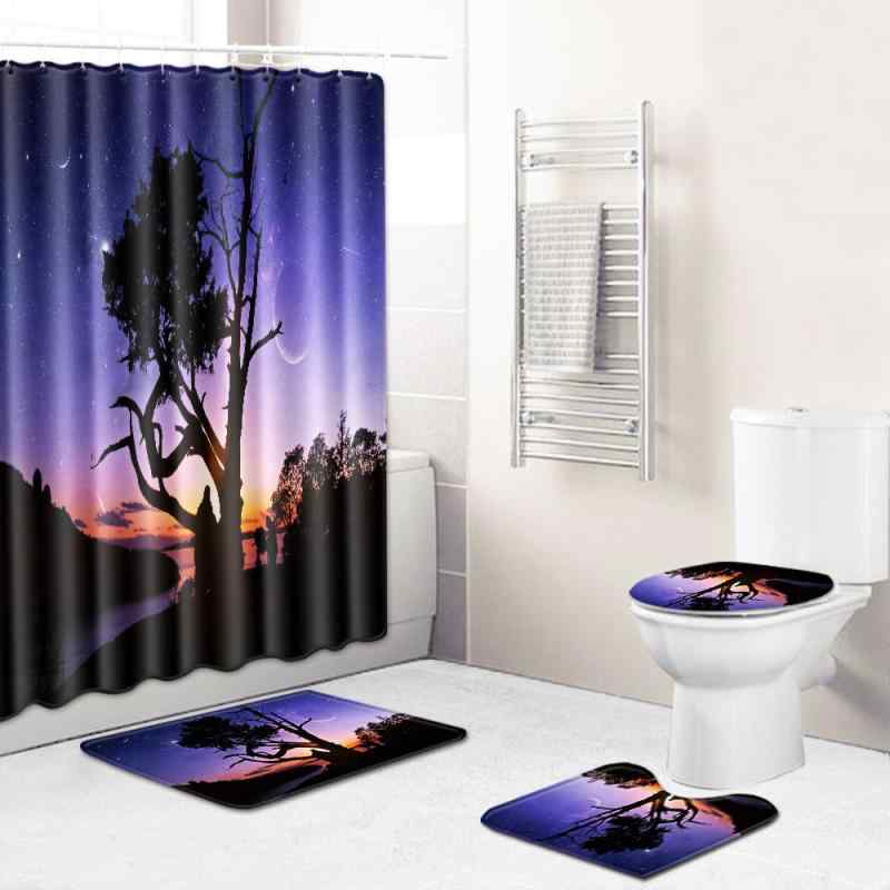 バスマット 吸水 速乾 洗える 滑り止め シャワーカーテン トイレマット 足元マット 4点セット 浴室 バスルーム トイレ 洗面所用 風景柄 モダン シンプル おしゃれ ポリエステル