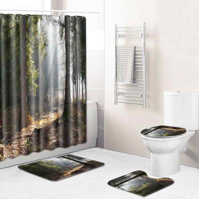 シャワーカーテン バスマット 洗える 速乾 滑り止め 風景柄 浴室 トイレマット 3点セット ポリエステル製 撥水加工 お風呂場 脱衣所 グリーン 4点セット