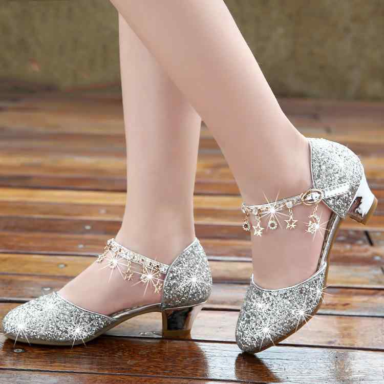 パンプス キッズ 女の子 ジュニア 厚底 ヒール 滑り止め 通気性 プリンセス シルバー クリスタル ライ..