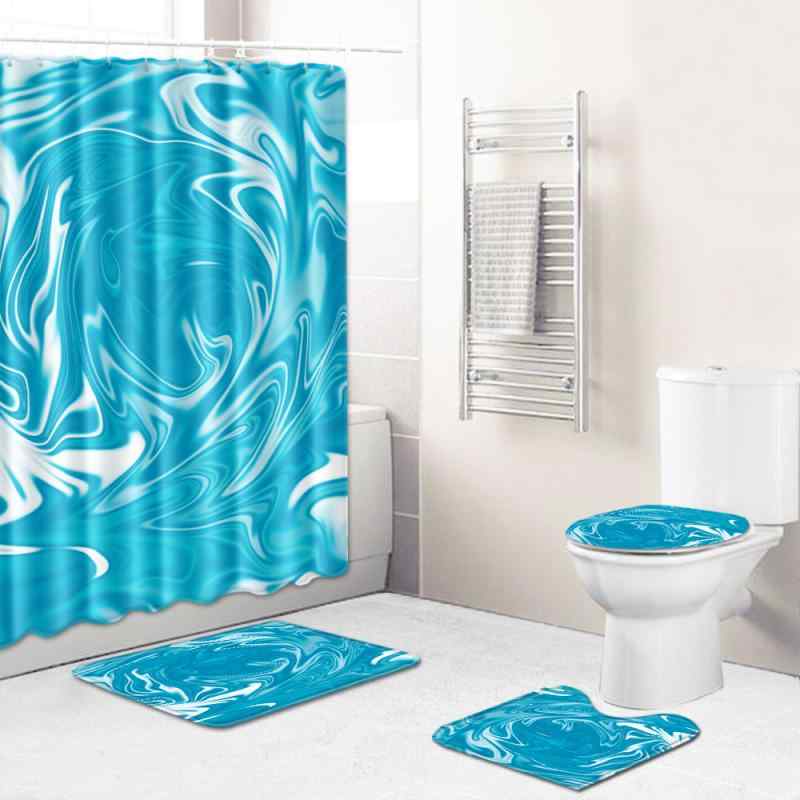 シャワーカーテン 浴室 トイレマット バスマット 足元マット 4点セット ポリエステル素材 地中海風 風景柄 洗濯機対応 丸洗いOK 吸水速乾 スカイブルー 洗面所
