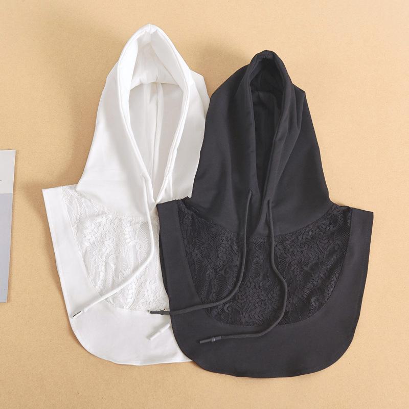 付け襟 レディース UVカット 日焼け対策 薄手 スウェット風 付けフード レース飾り 韓国風 着回し 万能 フェイクカラー コットン素材 ホワイト 白(x2)