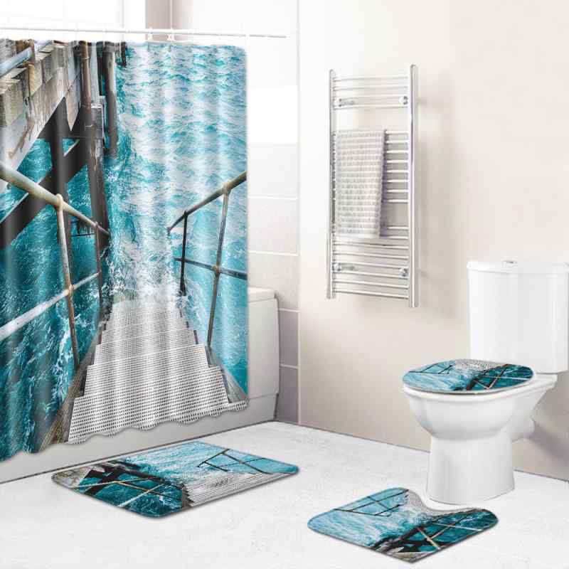 浴室用4点セット シャワーカーテン バスマット トイレマット 足元マット 地中海風 リゾート 洗濯可能 ポリエステル製