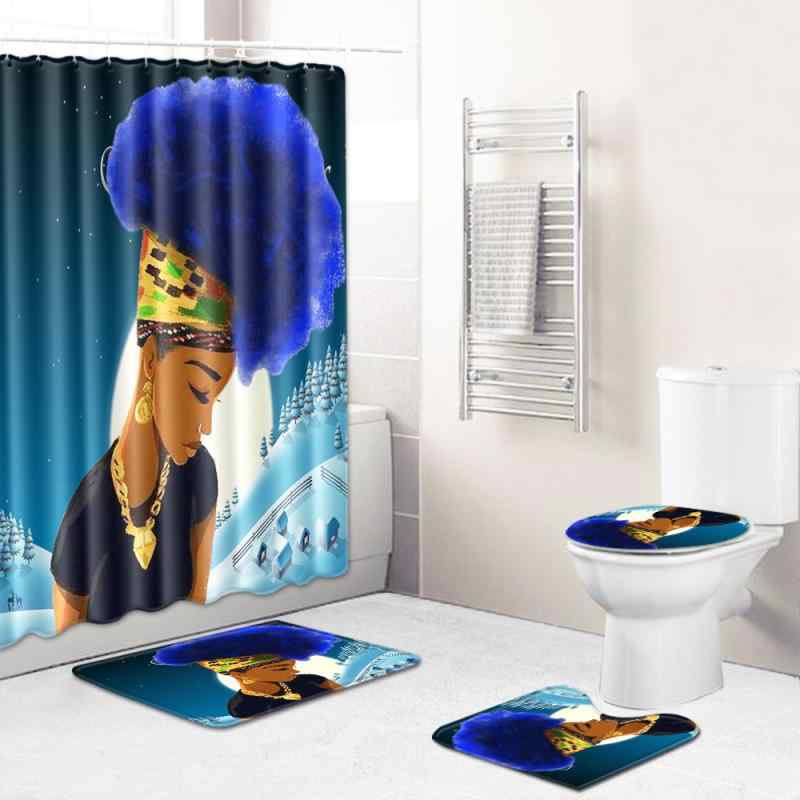 シャワーカーテン レディース アフリカンスタイル エスニック柄 バスマット 4点セット 浴室 バスルーム お風呂用 ポリエステル製 丸洗いOK 速乾 吸水 おしゃれ デザイン
