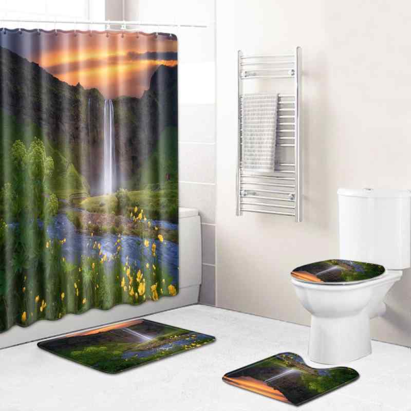 浴室セット 風景柄 おしゃれ シャワーカーテン バスマット トイレマット 足ふきマット 4点セット 洗える 滑り止め加工 吸水速乾 ポリエステル製 バスルーム 洗面所 長方形 グリーン