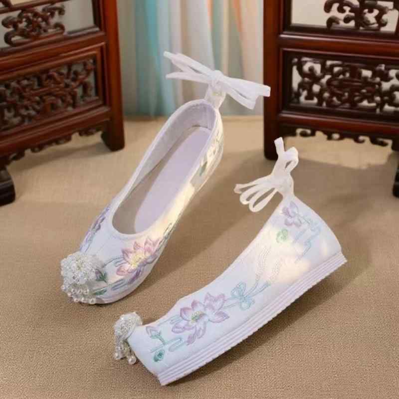 布シューズ レディース 漢服風 花柄刺繍 反りつま先 ウェッジヒール コットン素材 綿裏地 レトロ調 ク..