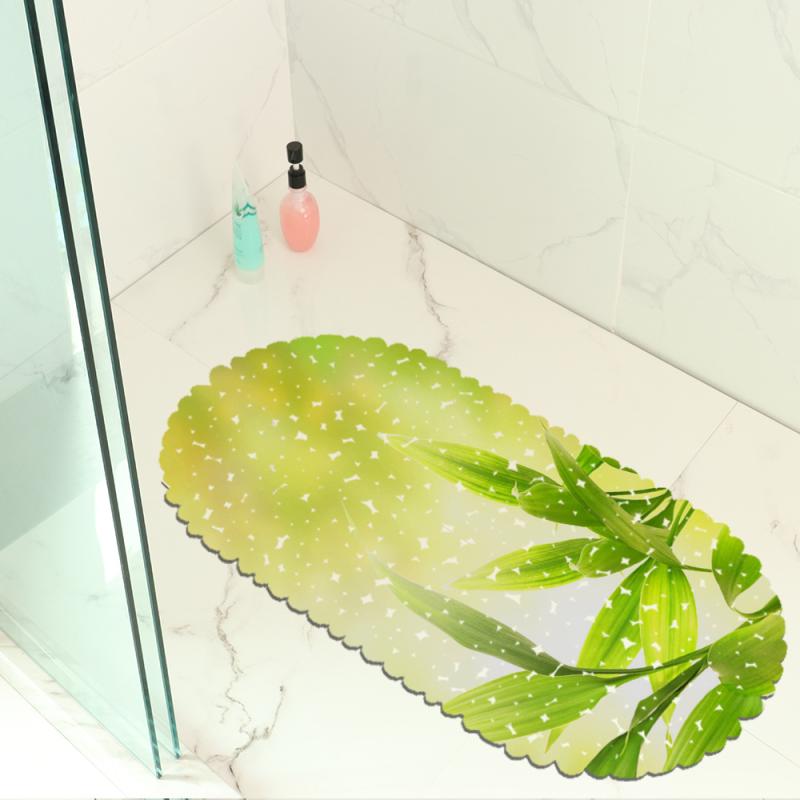 バスマット 水はけ 滑り止め 新芽柄 PVC製 楕円形 植物 花柄 インスタ風 浴室 玄関 ベランダ テラス プ..