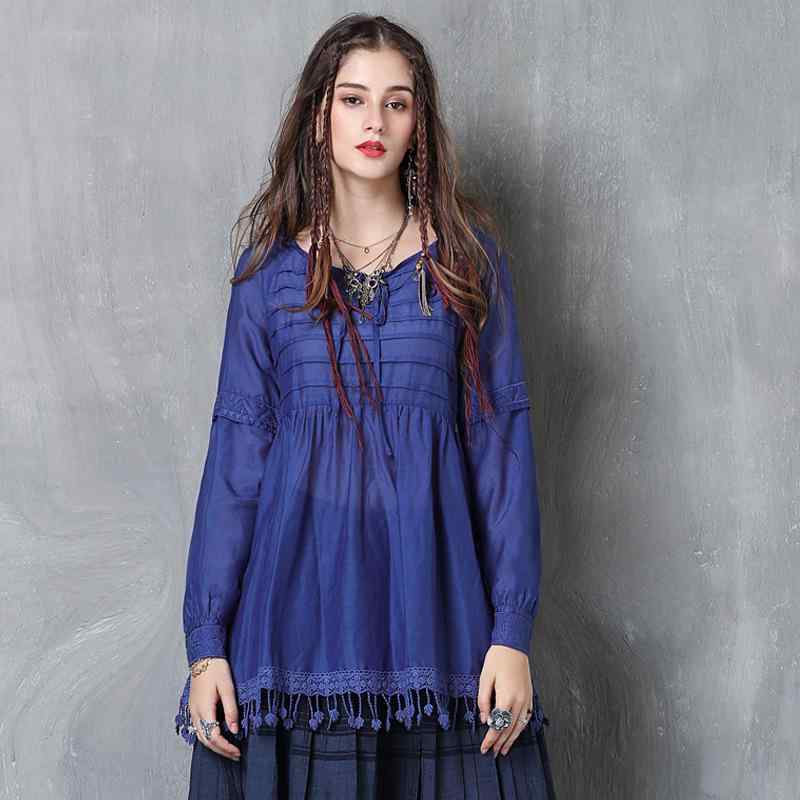 シャツ レディース 秋冬 シルク 綿 フリンジ レトロ 長袖 プルオーバー 刺繍 無地 クルーネック ストレート 上品 カジュアル ネイビー