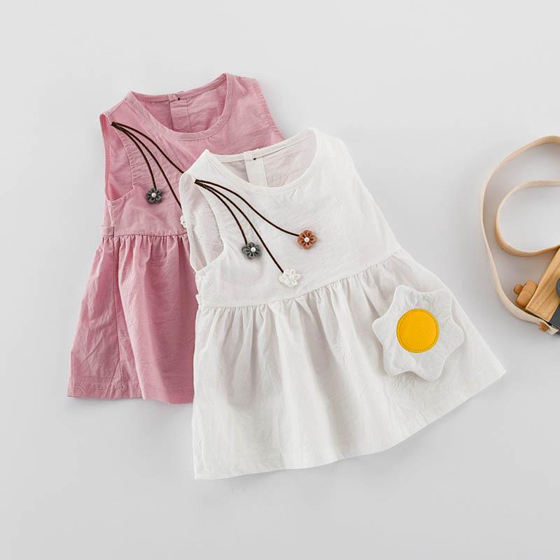 子供服 女の子 ベビー ワンピース ノースリーブ コットン100% 韓国風 プリンセス Aライン 裾フリル カジュアル かわいい キャラクター柄 春夏 80cm 90cm 100cm 白 ピンク