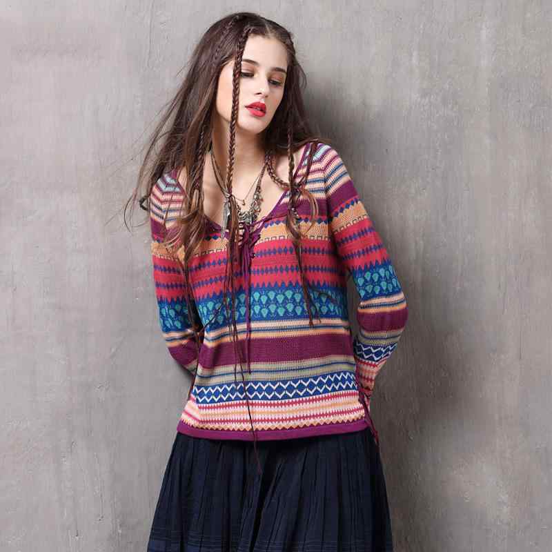 ニット レディース 秋冬 Vネック ドローストリング レトロ ストライプ柄 長袖 プルオーバー 綿 ウール混 切り替え カラフル 快適カジュアル ゆったり