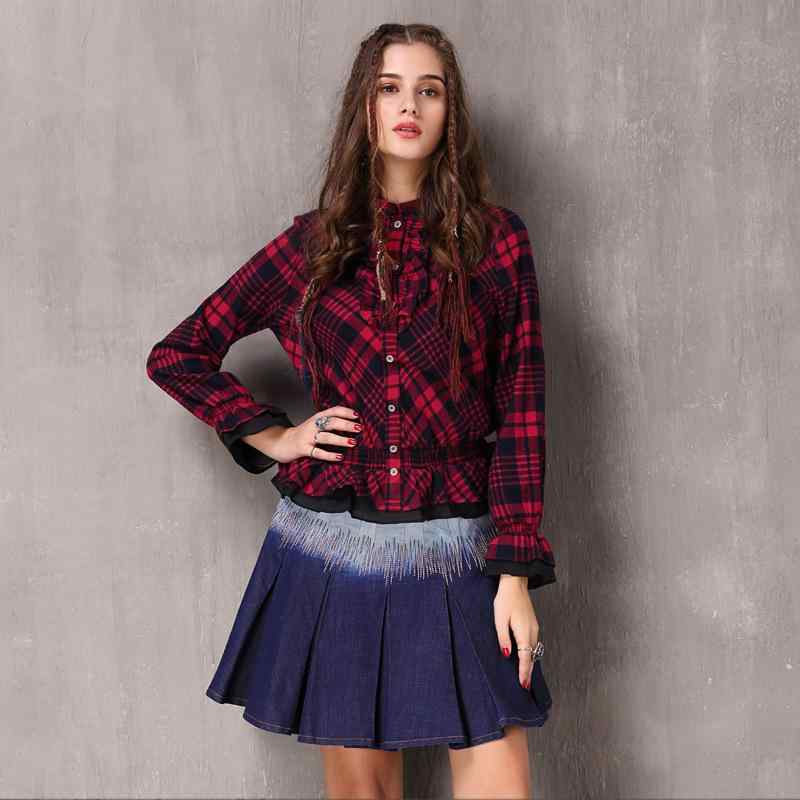 シャツ レディース 秋冬 起毛 スタンドカラー フリル ベルスリーブ 長袖 コットン チェック柄 レトロ スリムフィット カーディガン 羽織り 普段使い カジュアル レッド ブルー