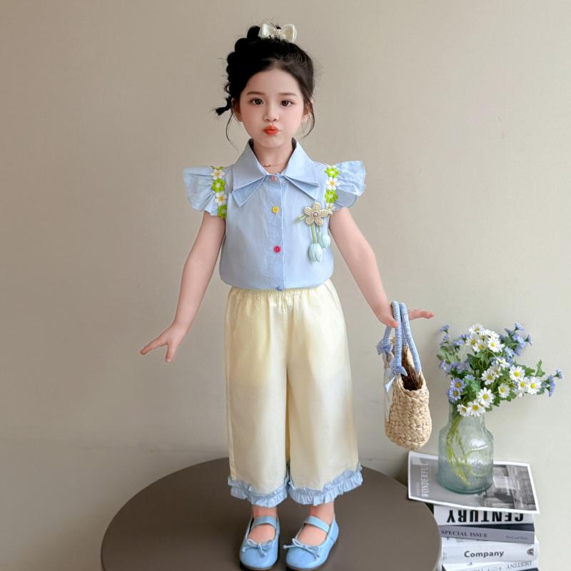 子供服 女の子 セットアップ 春夏 薄手 肌触り優しい 半袖 フリル袖 トップス カジュアル おしゃれ着 ワイドパンツ 9分丈 2点セット 綿混素材 ブルー イエロー 100 110 120 130 140cm