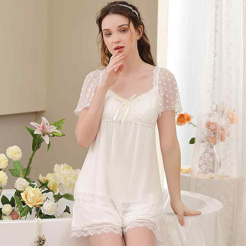 楽天モズラボパジャマ レディース 夏 薄手 カップ付き ルームウェア 2点セット メッシュ 通気性 快適 ショートパンツ 部屋着 エレガント フェアリー プリンセス風 かわいい Vネック ナイトウェア フレンチスタイル