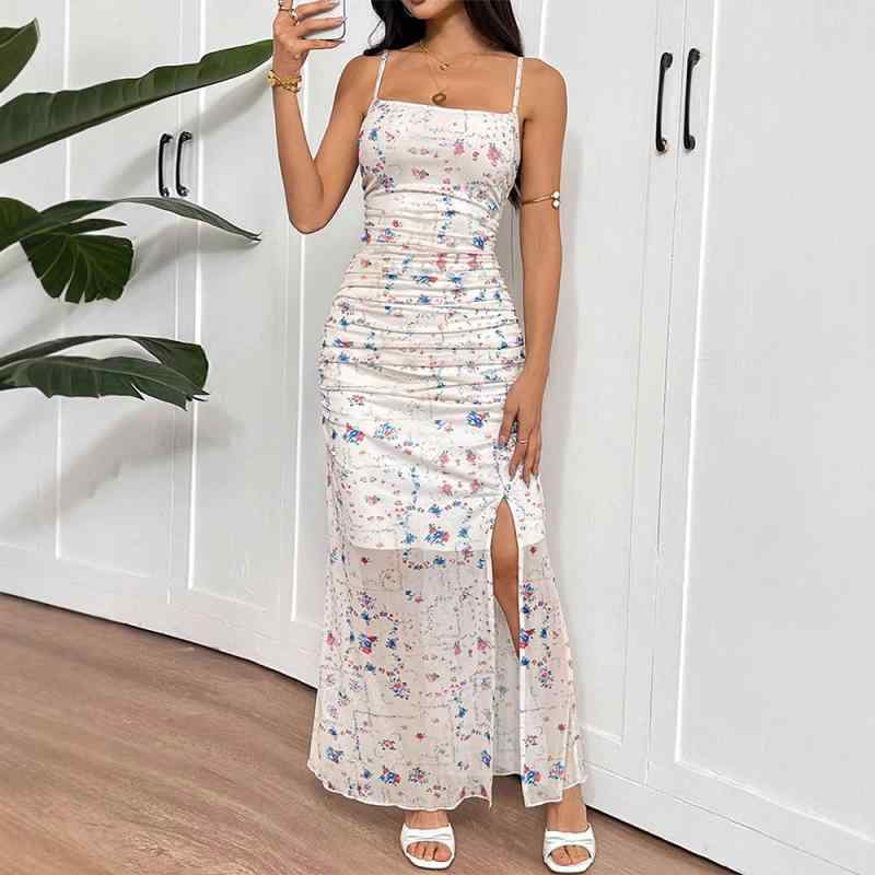 ワンピース 春夏 欧米風 リゾート フェミニン 小花柄プリント メッシュ スリット スタイルアップ ウエストマーク ハイウエスト キャミソール ロング丈 Aライン(4)