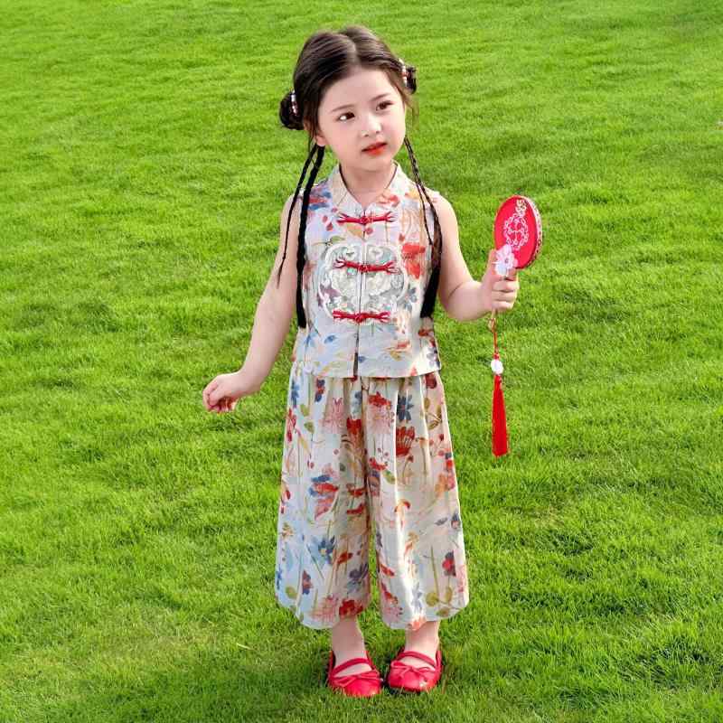 パンツ セットアップ キッズ 女の子 新チャイナ風 ノースリーブ ベスト 薄手 軽量 ワイドパンツ 9分丈 ポリエステル素材 春夏 トレンド おしゃれ