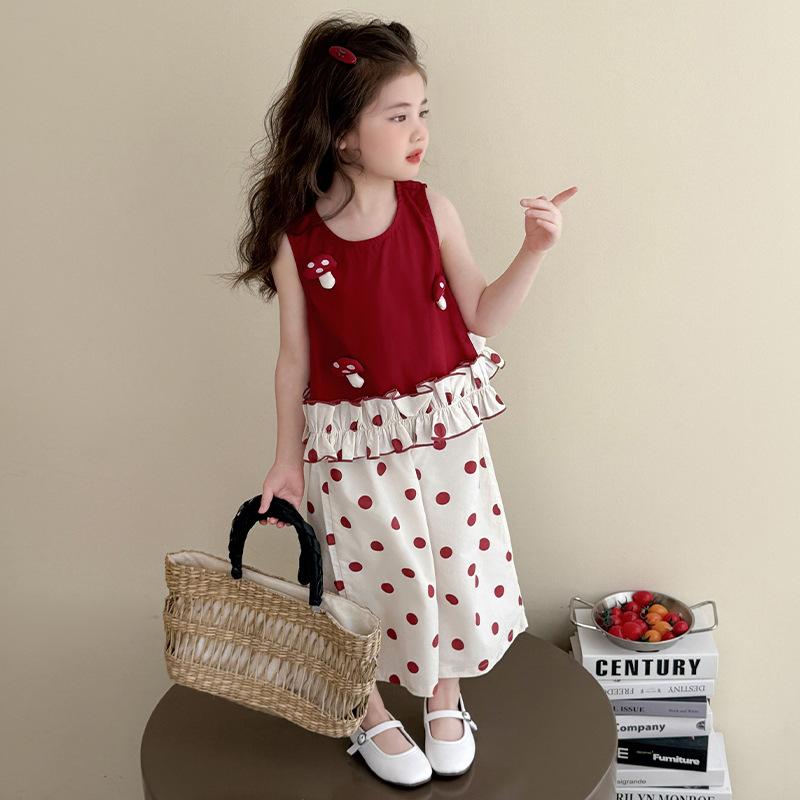 キッズ 女の子 カジュアル 夏物 薄手 柔らかい肌触り ノースリーブ ワイドパンツ 9分丈 セットアップ 2点セット 部屋着