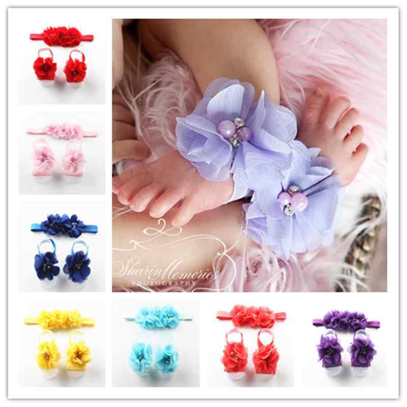 ベビー アクセサリーセット 手縫い シフォン ラインストーン ヘアバンド フットバンド リストバンド 3..