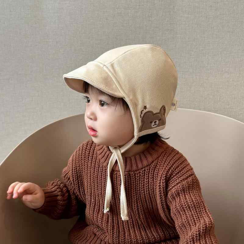 帽子 ベビー キッズ かわいい 小熊 ベア 耳あて付き つば付き キャップ 韓国風 お出かけ 秋 コットン ..