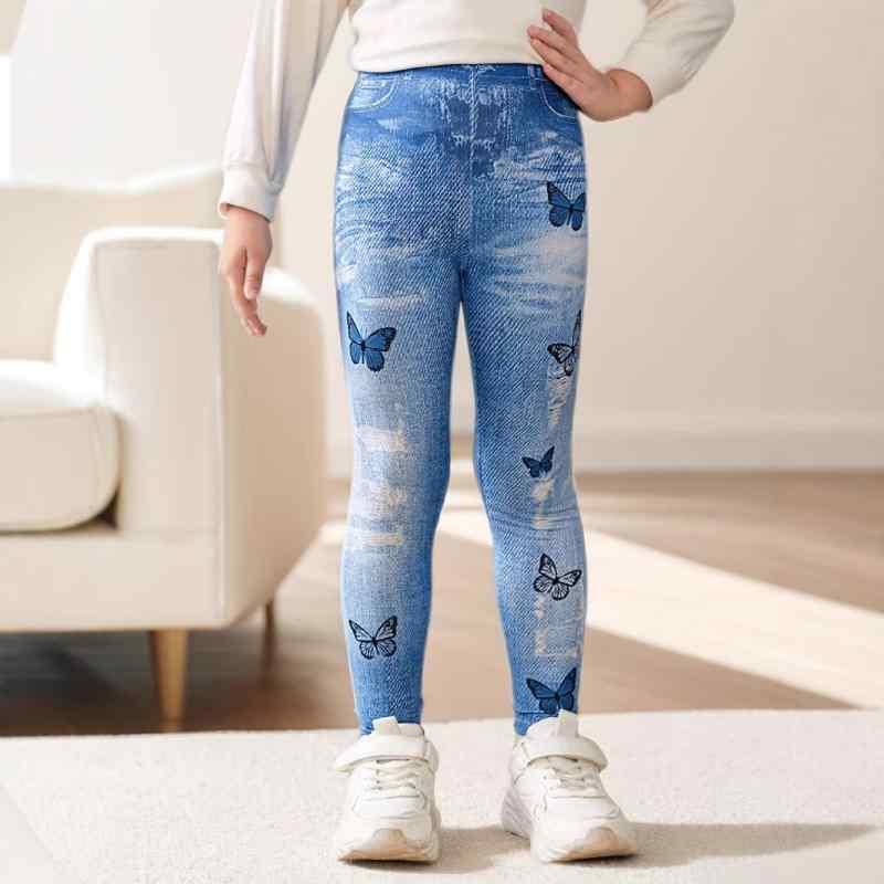 レギンス キッズ 女の子 ガールズ 春秋 デニム風 プリント 柄 スキニー スリム フィット ロング丈 柔らか素材 ストレッチ ウエストゴム ミドルウエスト ポリエステル