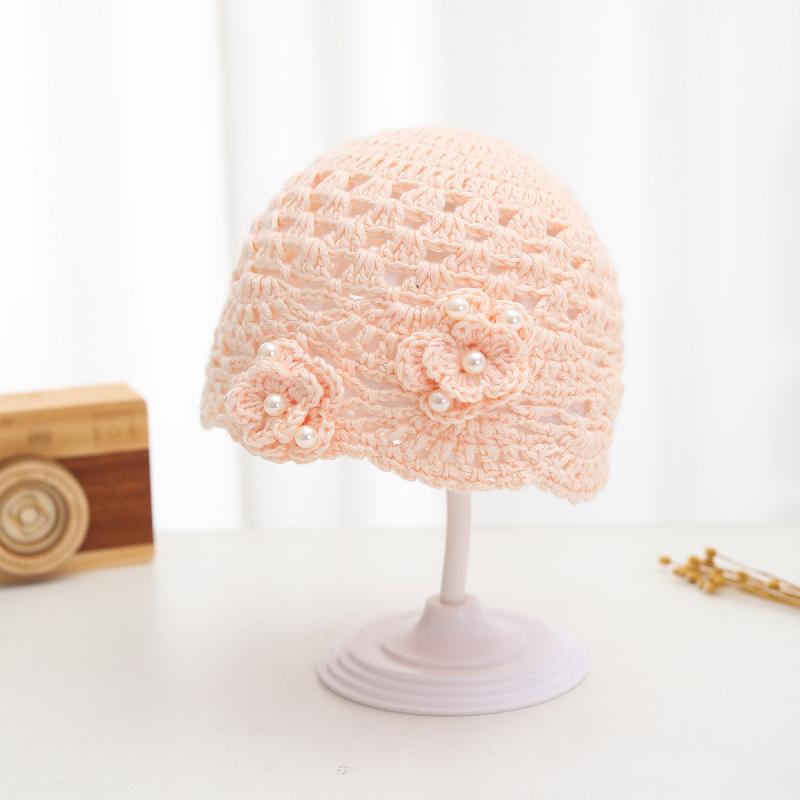 ニット帽 ベビー 新生児 赤ちゃん 春夏 純綿 手編み 透かし編み 花 パール 通気性抜群 日よけ UV対策 0..