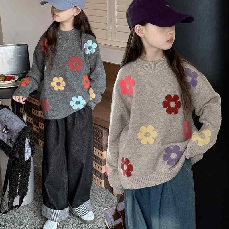 キッズ 女の子 柔らかい肌触り 春秋 韓国風 おしゃれ 小花柄 クルーネック 長袖 セーター 中高学年向け..