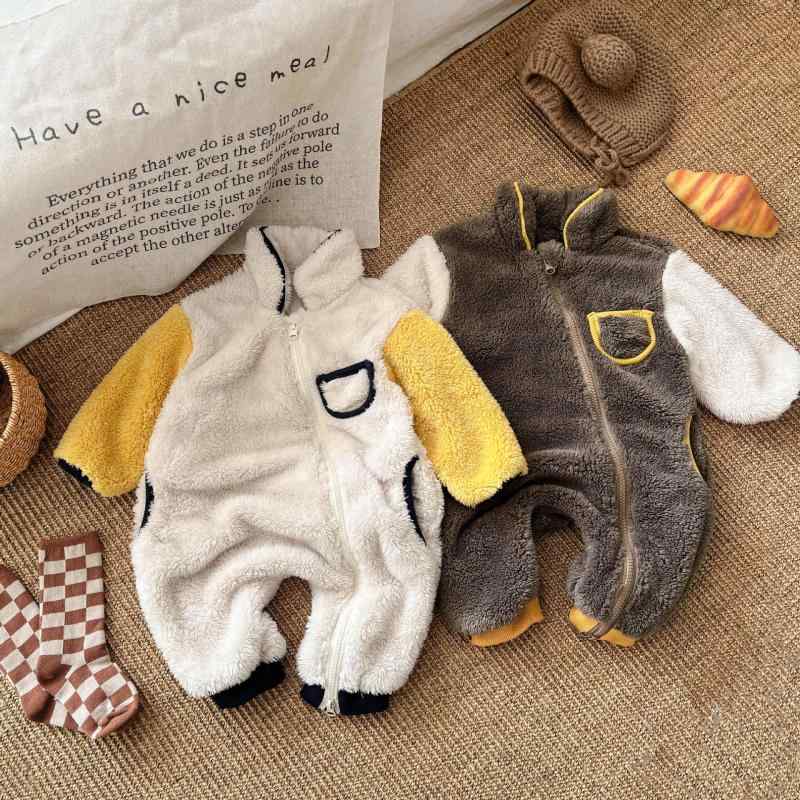 ベビー ロンパース カバーオール 男女兼用 秋冬 厚手 防寒 フリース一体型 配色切り替え おしゃれ かわ..