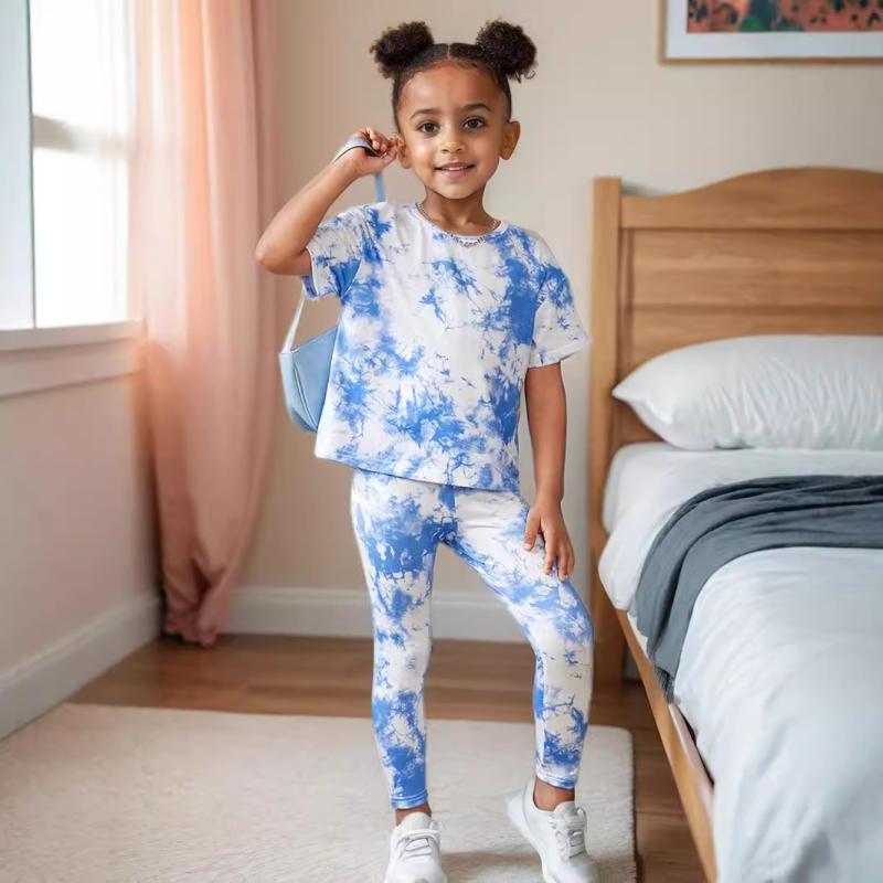 キッズ 女の子 夏物 Tシャツ ショートパンツ 上下セット カジュアル タイダイ染め 総柄 Uネック 柔らか素材 ポリエステル 部屋着 リラックスウェア 2点セット