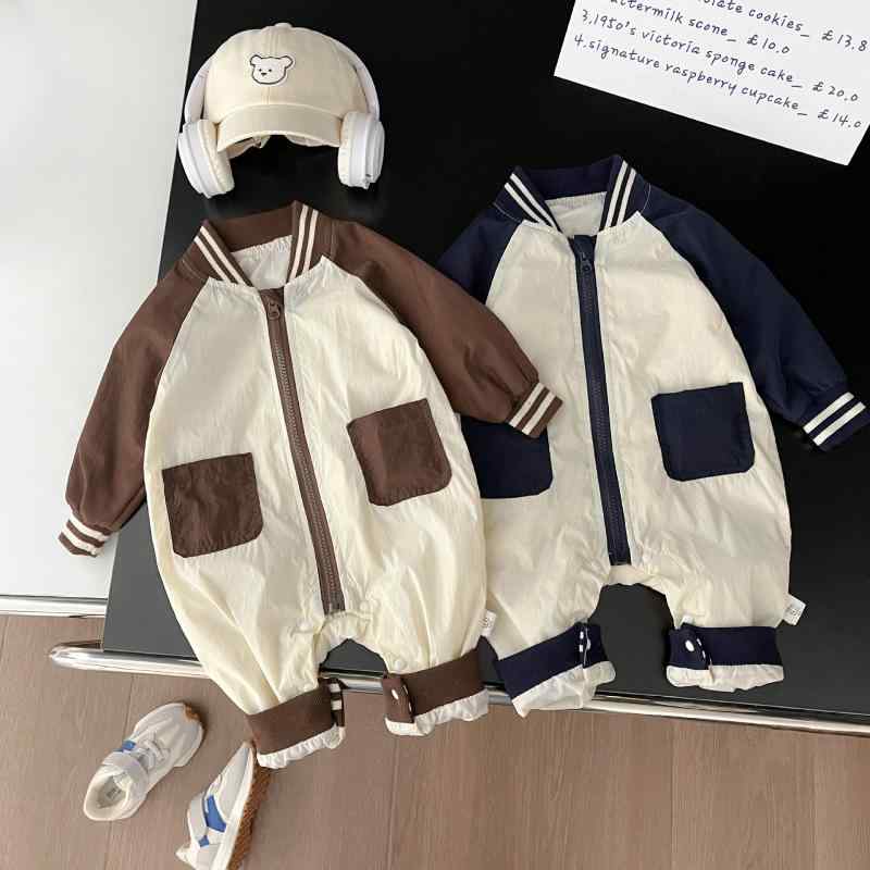 ロンパース カバーオール ベビー 新生児 赤ちゃん 長袖 ファスナー開閉 薄手 配色切り替え 野球風デザイン カジュアル お出かけ着 韓国風 男女兼用 ポリエステル 春秋