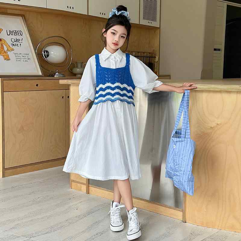 ワンピース キッズ 女の子 半袖 ニットキャミソール × シャツワンピース 2点セット コットン 無地 白 A..