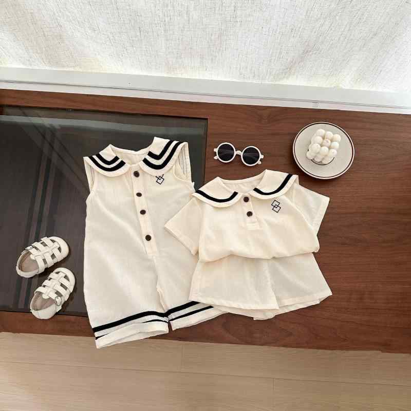 ロンパース ベビー 男女兼用 コットン100% 吸汗速乾 薄手 夏用 カバーオール 半袖 かわいい おしゃれ セーラー襟 お出かけ服 ボディスーツ 韓国子供服 70 80 90 100cm