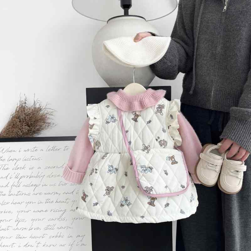 ジャンパースカート 女の子 ベビー キッズ 韓国風 冬用 中綿入り プリンセスライン かわいい 花柄 Aライン ポリエステル 柔らかな肌触り