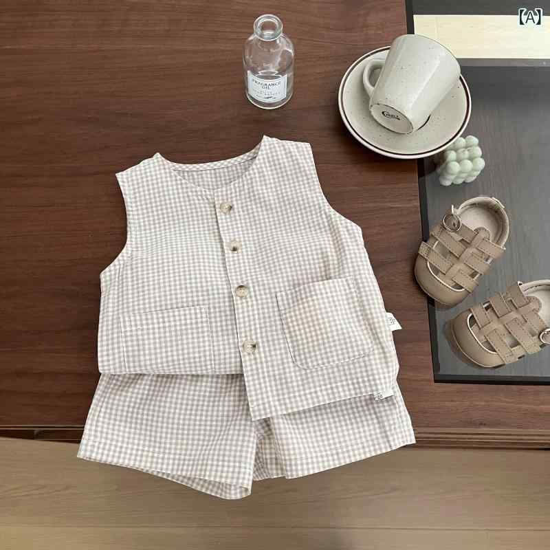ベビー 男の子 セットアップ 薄手 涼しい 肌に優しい コットン 韓国風 おしゃれ チェック柄 タンクトップ ショートパンツ 2点セット 上下セット 部屋着 カジュアル 夏服