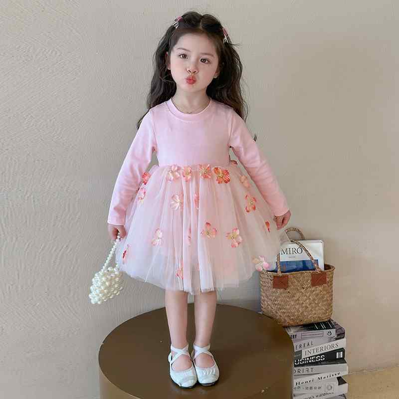 ワンピース 女の子 キッズ 柔らかな肌触り 春秋物 韓国風 おしゃれ 立体フラワー かわいい プリンセスチュールドレス 長袖 Aライン 綿混 フォーマル 発表会 入園式 ピンク ブラック