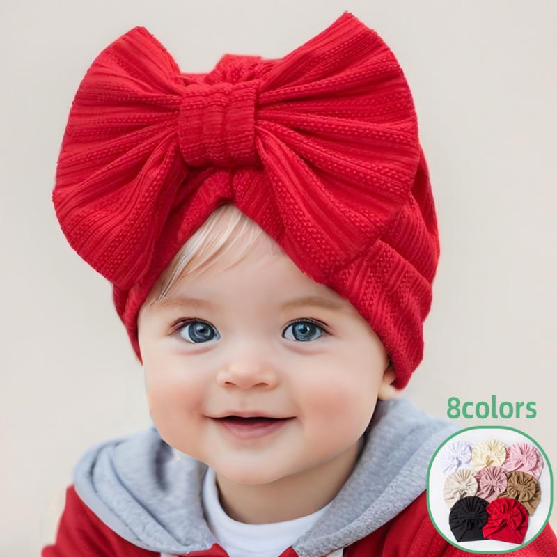 帽子 ベビー 新生児 赤ちゃん ワッフル生地 ジャガード織り シームレス 無地 かわいい リボン キャップ 暖かい 防風 オールシーズン 0歳 1歳 2歳 子供用 白 ピンク