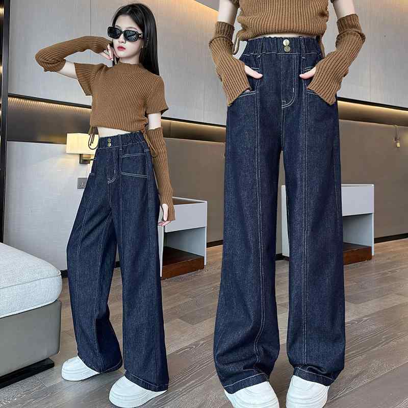 デニムパンツ 女の子 キッズ 春秋 ウエストゴム ハイウエスト やわらか素材 ストレート 小学生 中学生 ..