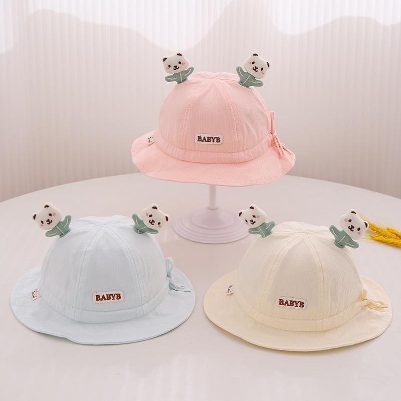 バケットハット ベビー 赤ちゃん UVカット 日よけ 通気性 春夏 薄手 かわいい 立体 クマ サイズ調整可能 0-6ヶ月 低月齢 綿 コットン ピンク ブルー ベージュ