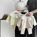 ベビーパジャマ 女の子 春秋 韓国風 長袖 小花柄 フリル襟 コットン やわらか ルームウェア 部屋着 パンツ 2点セット かわいい アプリコット グリーン