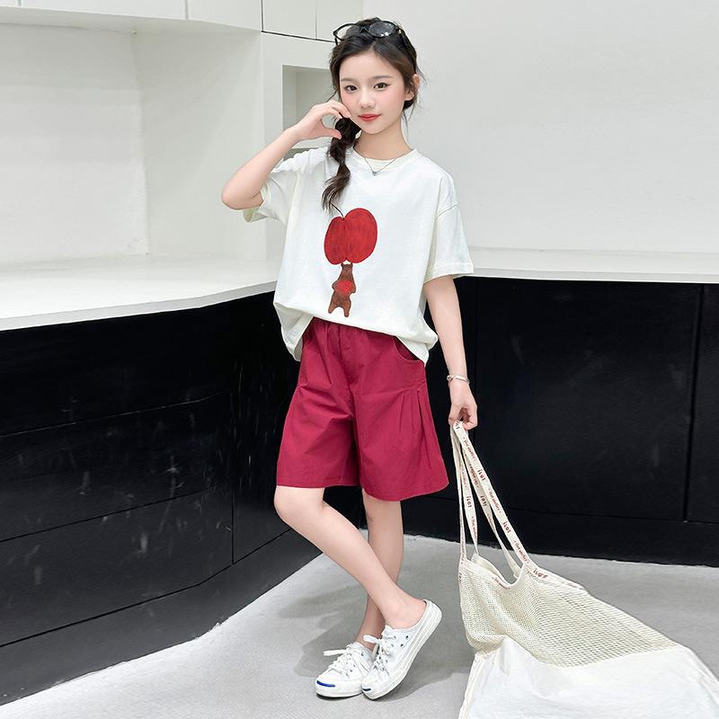 セットアップ キッズ 女の子 子供服 ジュニア 夏物 半袖 Tシャツ ショートパンツ 上下セット 2点セット 薄手 柔らかい 綿混 コットン素材 おしゃれ かわいい カジュアル 通学 普段着 お出かけ レッド 赤 140 150 160 170cm