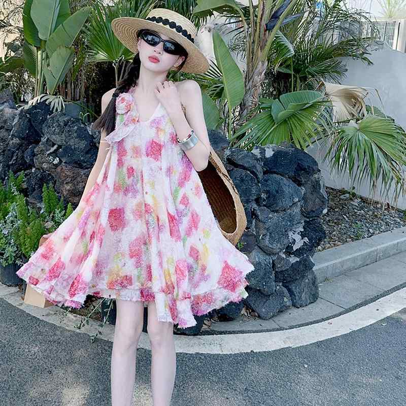 ワンピース キッズ 女の子 柔らかな肌触り コットン 夏 韓国風 おしゃれ インフルエンサー 海 リゾート ビーチ 小花柄 ノースリーブ キャミワンピース ピンク ジュニア