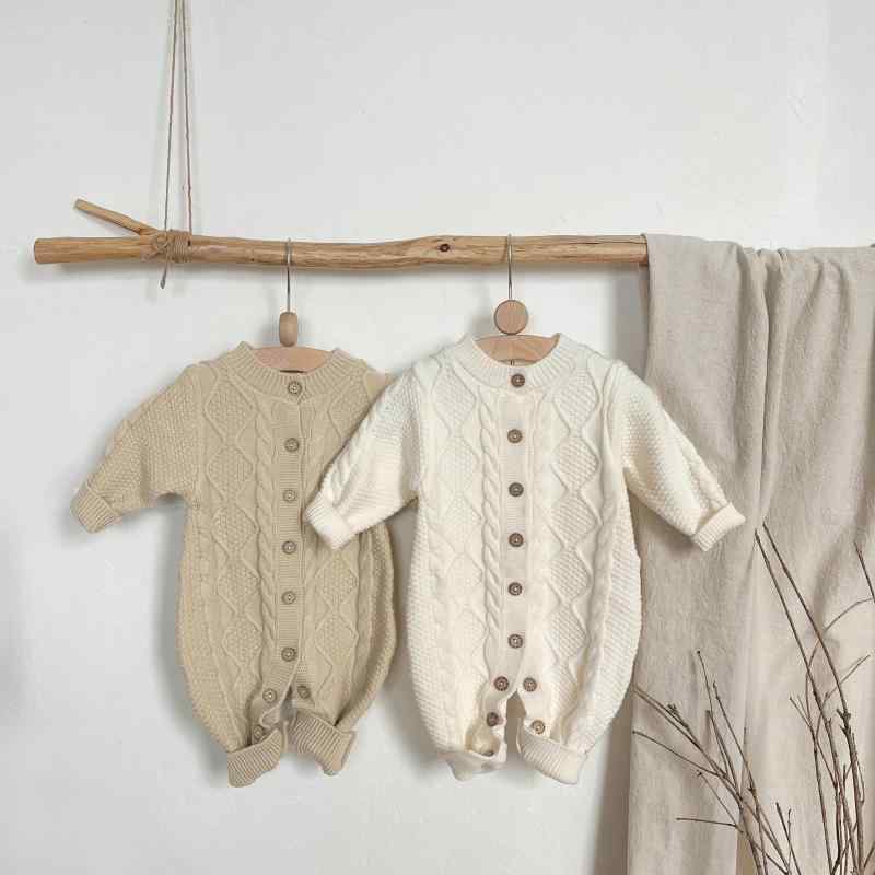 ロンパース ベビー 韓国風 ニット 春秋 お出かけ おしゃれ ケーブル ひし形模様 長袖 男女兼用 前開き ..