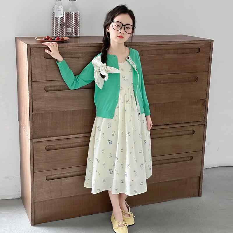 接触冷感 薄手 キッズ 女の子 中大童 小花柄 キャミワンピース 長袖 ニットカーディガン 2点セット 韓国子供服 夏 綿素材 おしゃれ かわいい