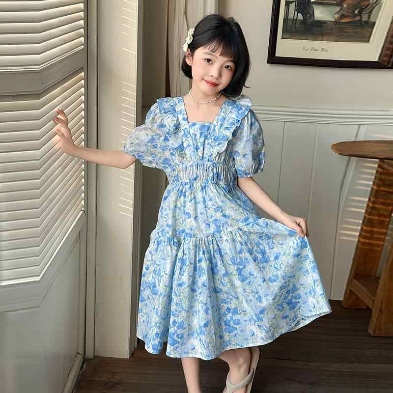 ワンピース キッズ 女の子 ジュニア 夏服 半袖 花柄 ブルー ロング丈 Aライン プリンセス かわいい お..