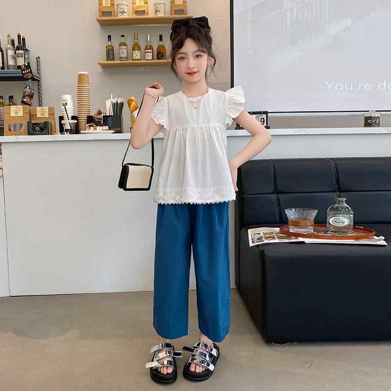 キッズ 女の子 フリル袖 おしゃれ 韓国風 セットアップ 2点セット 夏物 九分丈 カジュアルパンツ 薄手 綿 コットンブレンド 柔らかい ジュニア 小学生 普段着 外出着