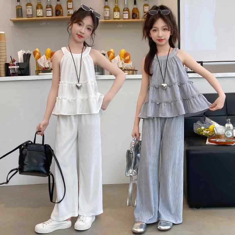 パンツセット 女の子 ガールズ 小学生 ジュニア 薄手 肌触り良い 夏服 カジュアル ノースリーブトップス ワイドパンツ 2点セット 韓国風 ファッション 普段着 通学 ルームウェア グレー ホワイト