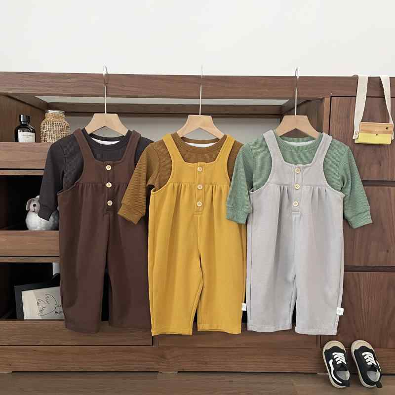 サロペット 男女兼用 ベビー キッズ 春秋 ゆったり ルーズ ワイドパンツ ロング丈 綿混 無地 カジュア..