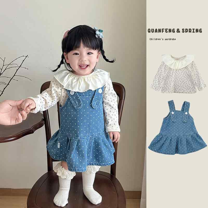 ワンピース 女の子 ベビー 幼児 柔らかな肌触り デニム ジャンパースカート ドット柄 おしゃれ かわいい Aライン 綿素材 韓国風 春秋 普段着 子供服 80cm 90cm 100cm