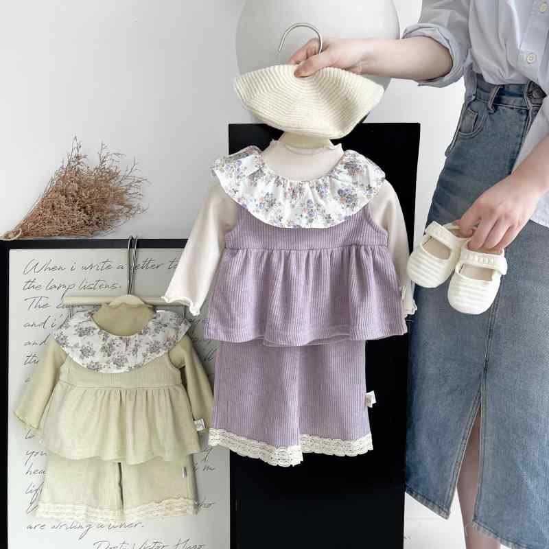 ベビー 女の子 セットアップ かわいい 小花柄 フリル襟 ノースリーブ トップス 裾フリル ロングパンツ 綿 コットン 2点セット 春秋 普段着 お出かけ ルームウェア